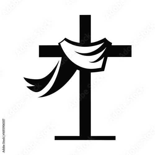A stark black silhouette of a christian cross adorned with a draped white cloth symbolizing sacrifice and resurrection on a clean white background