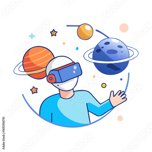 Cartoon illustration of person using VR in space, surrounded by planets and stars