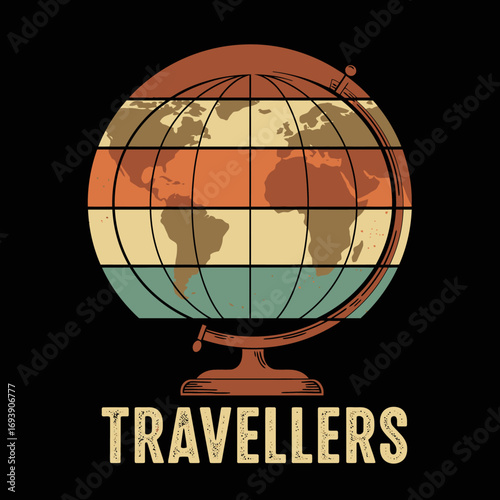 Vintage World Map Globe with Sunset Stripes and Travellers Typography