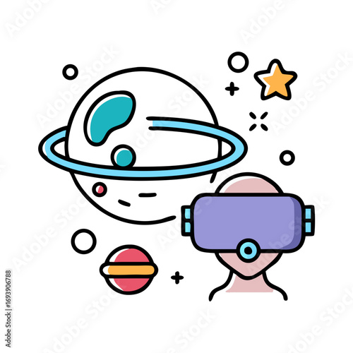 Virtual reality user with cosmic scene featuring planets stars and horizon line