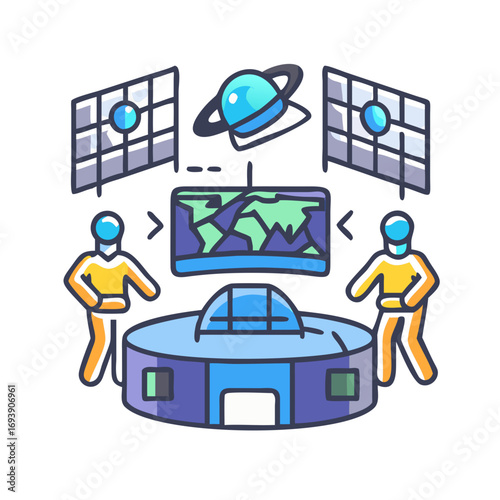 Exploring distant planets in a modern space research facility, observing cosmic phenomena and data