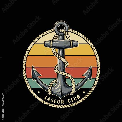 Vintage Nautical Anchor with Rope and Retro Sunset Stripes - Laseor Club Illustration