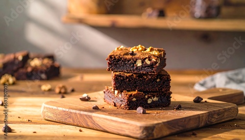 Stacked brownies with walnuts and chocolate chips