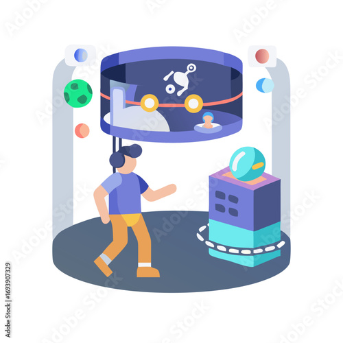 Person exploring a metaverse experience with floating objects and futuristic interface elements