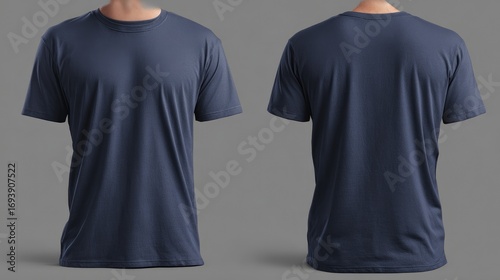 Front and back view of a navy blue t-shirt on a mannequin