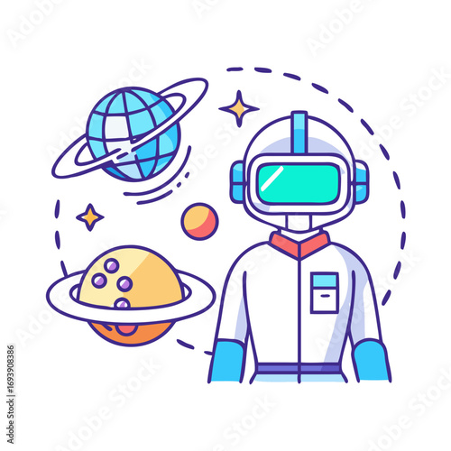 Vector illustration of astronaut with planets and stars on a black background depicting space travel.