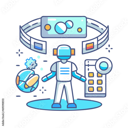 Virtual Reality Avatar Surrounded by Interface Elements in a Futuristic Black Background