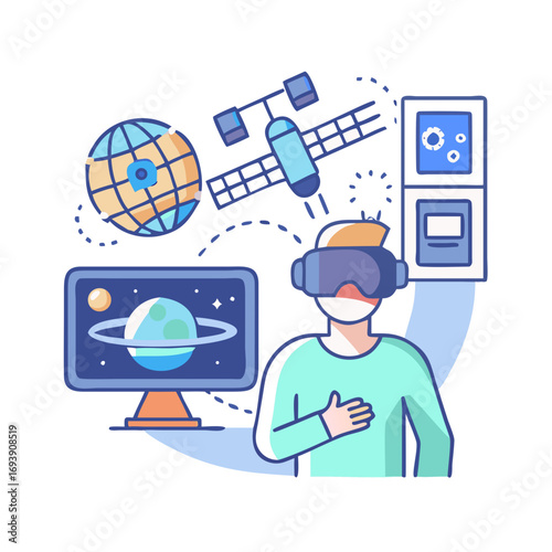 Virtual Reality Exploration: Man using VR headset exploring space and technology concepts