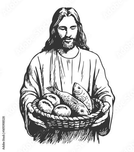Illustration of Jesus with five loaves and two fish, symbol of the miracle of feeding the five thousand