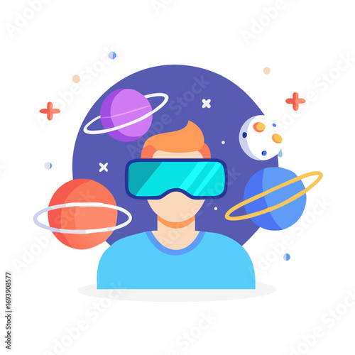 Flat Vector Illustration of a Person Experiencing Virtual Reality Space Exploration