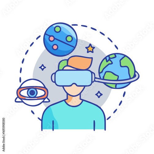Immersive virtual reality experience with planets and stars, connecting user to the metaverse exploration
