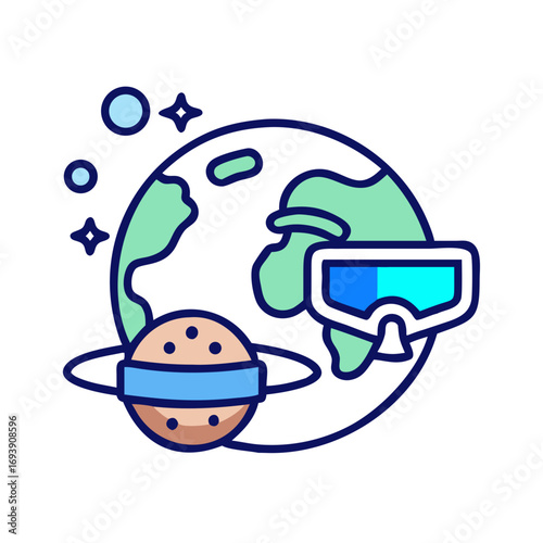 Modern flat space illustration with planets, Earth, stars and glasses on a black background