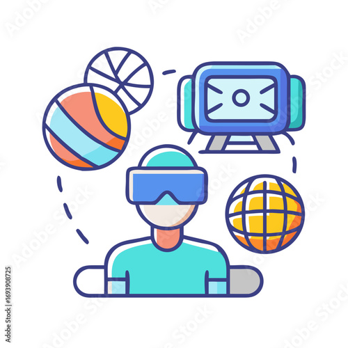 Vector Illustration of a Person Using VR Headset Surrounded by Virtual Objects