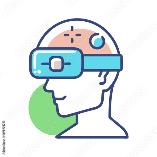 Modern flat illustration of person with VR headset on against black background