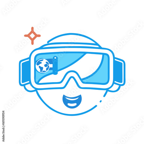 Stylized virtual reality headset icon with happy face on black background for modern applications