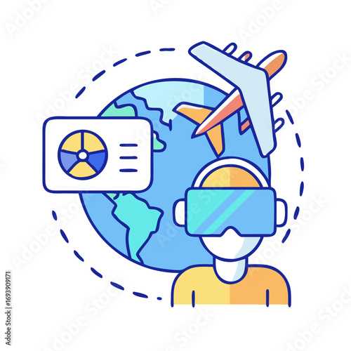 Virtual Reality Global Travel Concept: Flat Illustration Featuring VR Headset, Airplane, and Globe