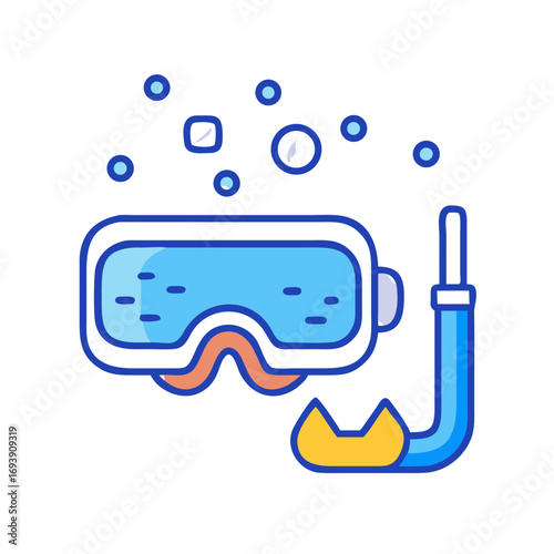 Flat illustration of a diving mask and snorkel on a black background with bubbles