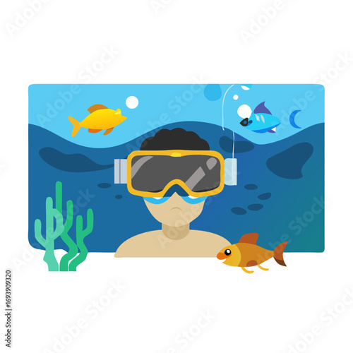 Flat illustration of a diver underwater with colorful fish and ocean scenery