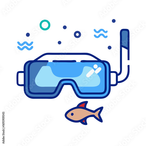 A colorful cartoon illustration of scuba mask snorkel and fish against a black background