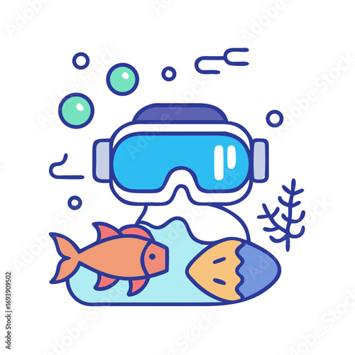 Underwater snorkeling scene with fish, bubbles, and diving mask flat illustration