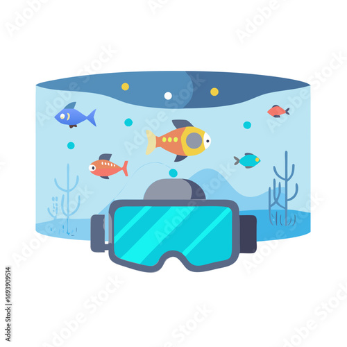 Virtual Reality Aquarium Experience with Colorful Fish Illustration in Flat Style