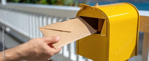The yellow mailbox receiving a hand delivered envelope on a sunny suburban porch