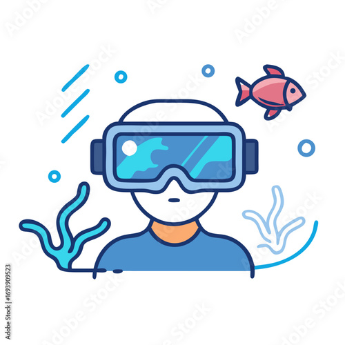 Exploring Virtual Aquatic World with VR Headset and a Fish, Vector Illustration