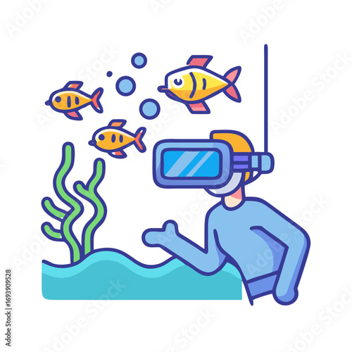 Diver exploring colorful fish in aquatic environment with scuba mask and bubbles