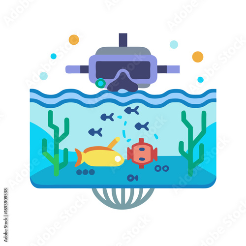 Colorful flat illustration of an underwater scene with fish, coral, diving mask, and bubbles