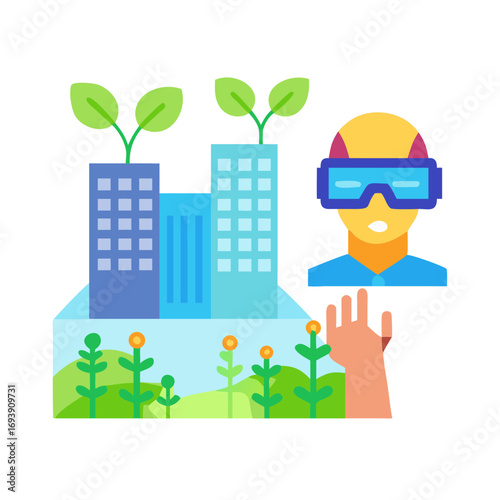 Virtual reality green city concept with buildings, nature, and metaverse connection illustration