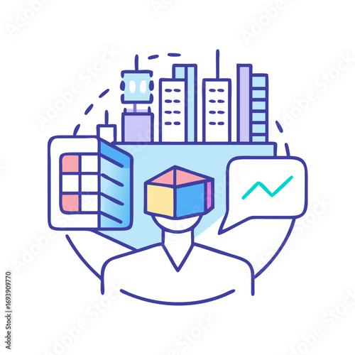 Virtual Reality Metaverse Exploration with Cityscape and Data Visualization Stock Image