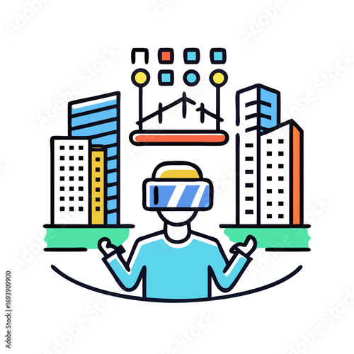 Person exploring virtual city with VR headset, showcasing future technology and immersive experiences