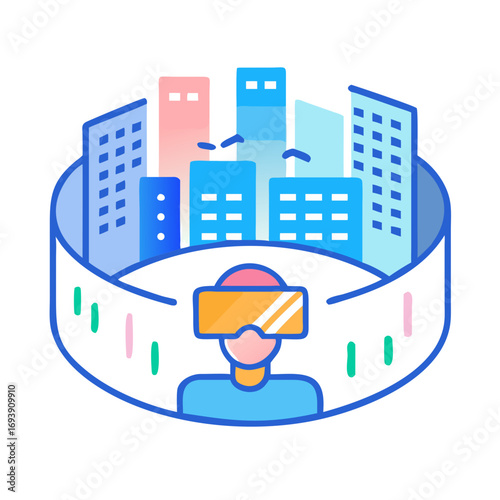 Modern virtual reality city vision with person using VR headset, vector illustration