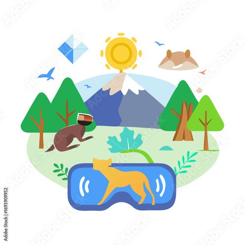 Animals exploring virtual reality landscapes using modern digital technology in flat design style