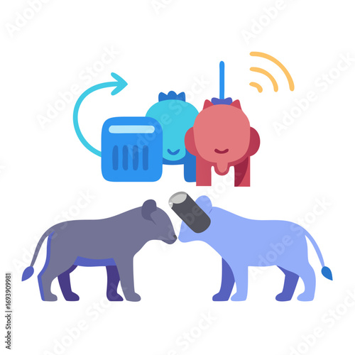 Colorful Illustration of Two Lion Cub Robots with a Control System on Black Backdrop
