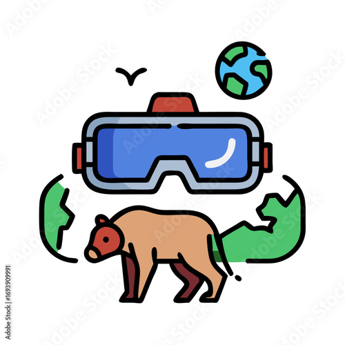 Augmented Reality Experience: A bear in a virtual world with digital glasses and earth