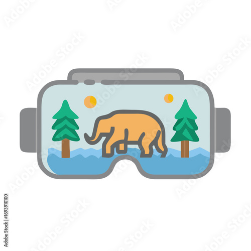 Virtual reality headset depicting wildlife scene with elephant and trees for gaming or simulation