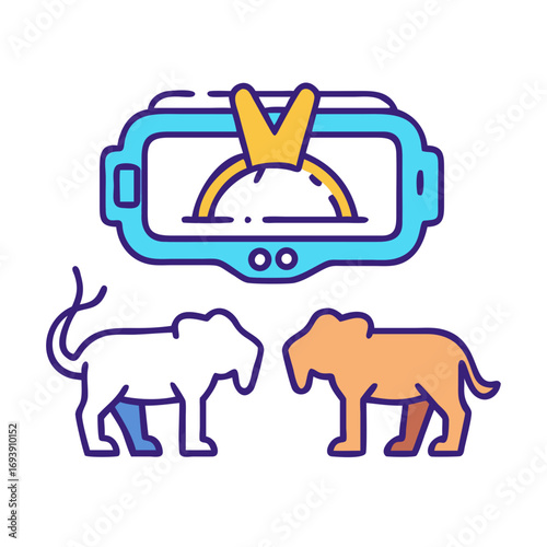 Two lions facing each other under a virtual reality headset on a black background