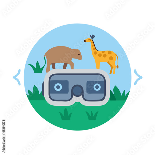 Exploring virtual safari with VR glasses featuring giraffe and rhino, fun educational simulation