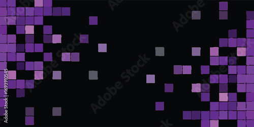 Abstract graphic design with scattered purple squares on a black background.