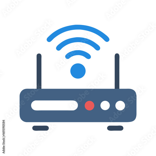 Stylized router icon illustration featuring blue wireless signal on a black background
