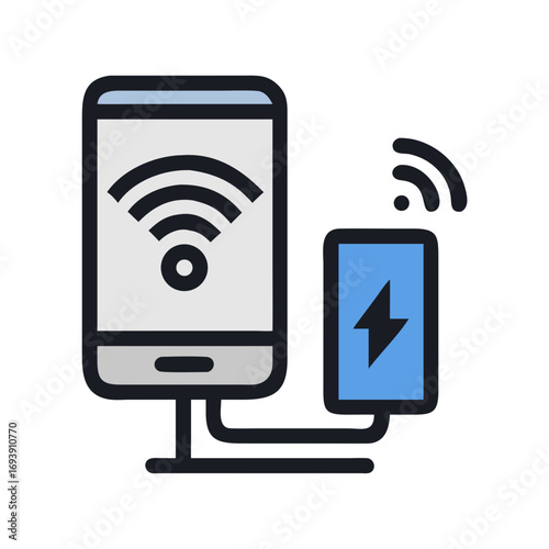 Smartphone wirelessly charging with Wi-Fi signal and power icon in a flat design style