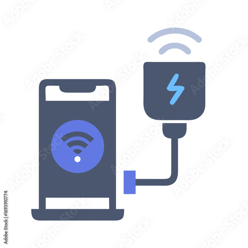 Smartphone charging wirelessly with power adapter icon in flat design style on black background