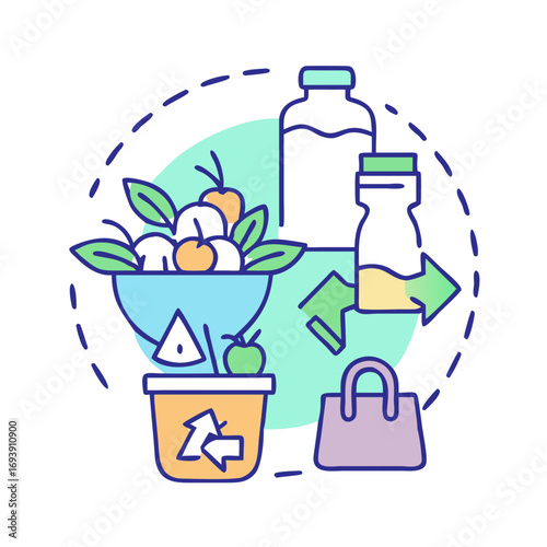 Illustrated circular recycling and sustainable consumption diagram with eco-friendly products