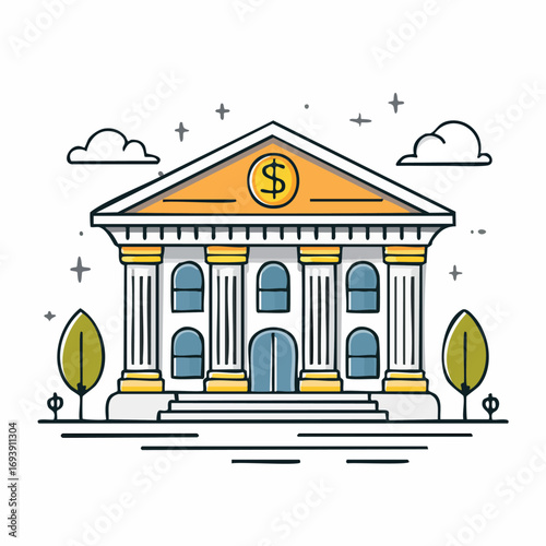 A clean flat vector illustration of a classical bank building with pillars and a dollar 