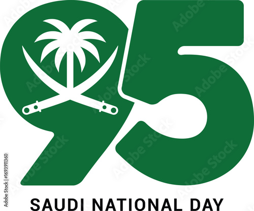 Saudi National Day 95 Vector Design with Palm Tree and Crossed Swords Emblem, 23 September Celebration