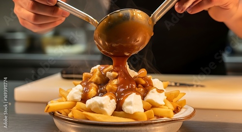 Traditional poutine food preparation with fries gravy and curds