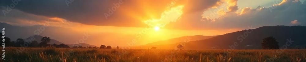 Obraz premium Golden hour sunlight streams through gaps in clouds, illuminating a landscape with a warm, ethereal glow Perfect for nature, travel, and serenity themes , majestic, beams