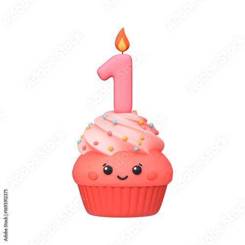 Cute 3D Cupcake with Candle for 1st Birthday