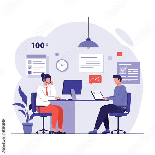 A flat 2D vector illustration shows a friendly customer service representative wearing a headset, assisting a person at a modern, minimalist help desk in a clean office environment.